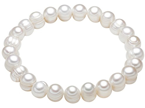 Valero Pearls Damen-Armband elastisch Hochwertige Süßwasser-Zuchtperlen in ca. 8 mm Barock weiß 19 cm - Perlenarmband mit echten Perlen weiss 446665