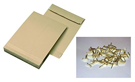 100 Faltentaschen-Versandtaschen DIN B4 mit 4cm Falte + 150 Flachkopfklammern