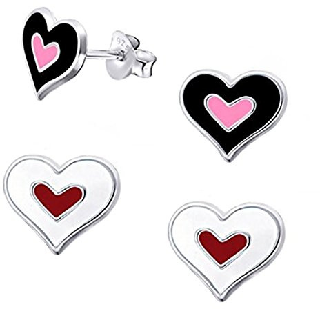 2 Pairs Heart Stud Earrings Set - 925 Sterling Silver (Black/Pink and White/Red)