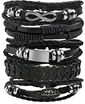 MILAKOO 5 Stück Geflochtene Lederarmbänder Einstellbar Manschette Armband für Männer Damen (Schwarz)
