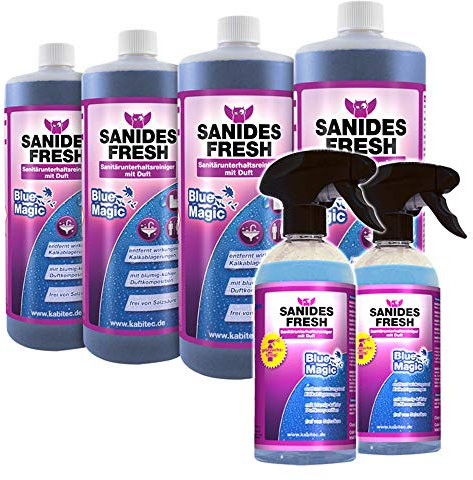 KABITEC SANIDES FRESH Blue Magic Sanitärunterhaltsreiniger Konzentrat mit Duft, 4x 1000 ml + 2x 500 ml SANIDES FRESH Blue Magic gebrauchsfertig KOSTENLOS │ Sanitärreiniger Kalkentferner Badreiniger