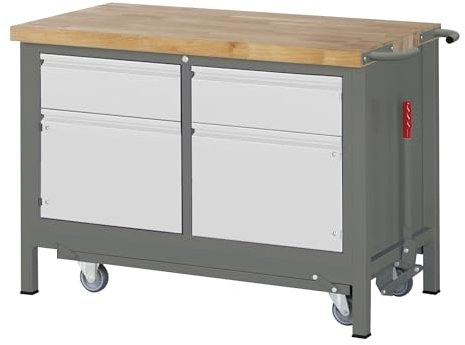 STIER Werkbank Premium, mit abs. Fahrgestell, 2 Schubladen und 2 Türen, 125x70x88cm, Stahl und Buche