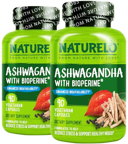 NATURELO Ashwagandha Organic Root Powder - Natural Herbs Supplement for Fatigue, Stress Relief, Mood Enhancer - with Black Pepper Extract - 90 Vegan Capsules (Pack of 2)