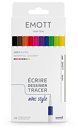 Emott Uni Ball – Uni Mitsubishi Pencil – 10 Filzstifte Essential Colors – Schreiben, Zeichnen, Plotten mit Stil – Spitze 0,4 mm – Blau, Rot, Grün, Rosa, Fuchsia, Braun, Orange, Schwarz, Gelb, Hellgrün