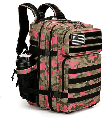 KXBUNQD Mochila táctica militar de 45 L, mochila de senderismo para hombres y mujeres, mochila Molle del ejército para camping, pesca, viajes, Rosa Camuflaje, Mochilas de mochila