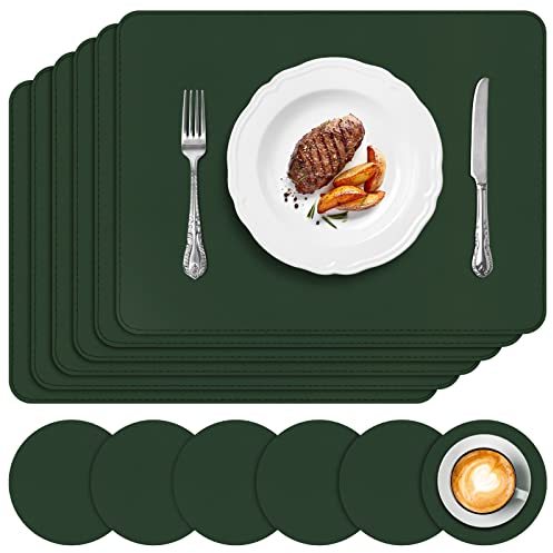 APLKER Placemats and Coasters Set of 6, Heat Insulation PU Leather Table Mats Waterproof Washable Dining Place Mats for Kitchen Indoor Outdoor Party, 16 x12 inch - Dark Green