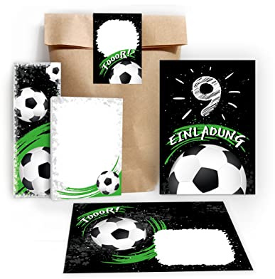 Junapack 12 Einladungskarten zum 9. Kindergeburtstag neunte Geburtstag Jungen Fussball Fußball incl. 12 Umschläge, 12 Tüten/natur, 12 Aufkleber, 12 Lesezeichen, 12 Blöcke