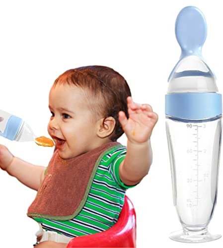 Sakamura Cuillère d'alimentation pour bébé - cuillères pour bébé - Biberon en Silicone pour bébé à partir 3 Mois, Bleu/