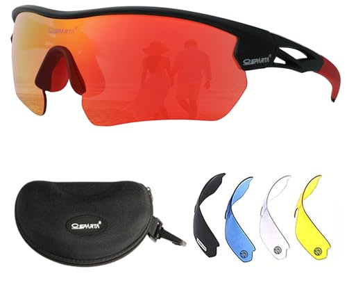 OUTDOORSPARTA Polariserade sportsolglasögon med 5 utbytbara linser för män och kvinnor TR90 obebrytbar ram (1. Svart Ram, Röd Lins)