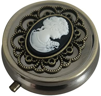 Bronze Pill Organizer, Portable Medicine Box for Pocket or Purse, Decorative Metal Vitamin Holder, Classical Small Pill Container, Unique Creative Gift for Women