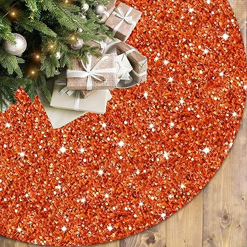 FOTSHARER Orange Tree Skirts Large 46 In Glitter Sequin Christmas Tree Skirt for Fall Home Velvet Tree Carpet Skirt Rustic Embroidery Tree Floor Mat Sparkly Tree Collar for Halloween Living Room Decor