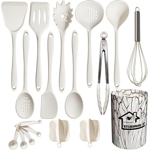 UXIYI Set di utensili da cucina in silicone, set di utensili da cucina 18pcs, incluso Turner Spatola Tong Spoon Gadget da cucina resistenti al calore antiaderenti,Bianca