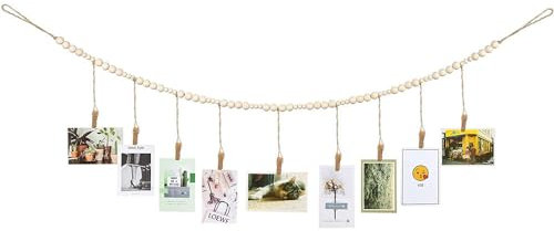 Foto hängendes Seil Fotoseil mit Klammern, 9 Stück Holzklammern Klein DIY Bilderrahmen Wanddekoration Holzperlen-Girlande Kunst-Bild-Display Boho Fotoseil,Farbe C