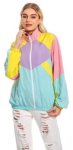 Seaehey Veste des années 80, veste d'entraînement, survêtement rétro pour femmes, survêtement, vêtements de sport, manteau coloré, disco hip-hop, tenue des années 80 et 90, fête sur le thème du