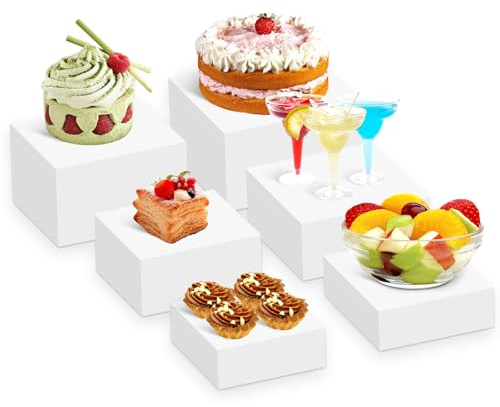 AXNSATRE 6 Pcs Acrylic Display Box White, 15/18/20/23/25/28 cm Buffet Risers, Hollow Bottom Acrylic Food Display Stands for Cake, Dessert, For Party, Outdoor, Events Table Decor Display