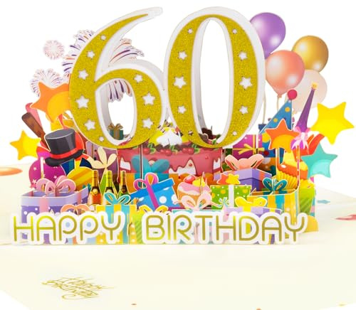 Magic Ants 60. Geburtstag Pop-up Karte, 3D Pop-up Design, Goldene 60 mit Kuchen, Ballons, Feuerwerk, Partygeschenke, 60. Geburtstagskarte für Männer und Frauen, mit Umschlag und leere Notizkarte