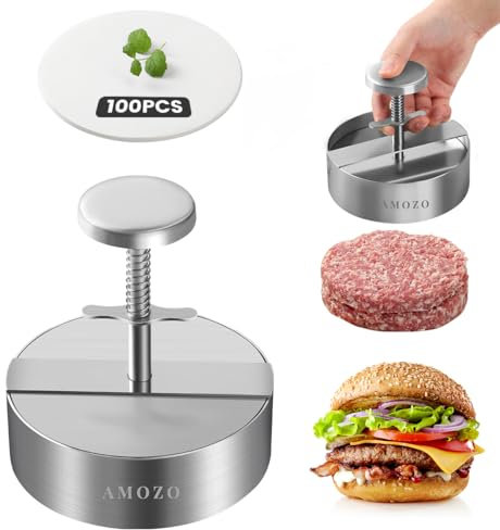 AMOZO Burger Press with Patty Maker100-Sheet Baking Paper, Stainless Steel Grill Burger Smasher Hamburger Patty Maker,Pattie Maker Shaper, Non-Stick Patty Press for Burger Lovers. (4.5 Inch)