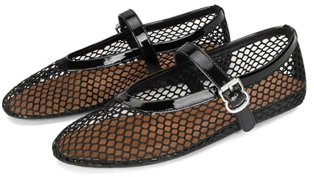 HiGropcore Mesh Ballet Flats Women, 2024 New Strappy Fishnet Buckle Flats, Sexy Mary Jane Ballerina Shoes Comfortable Dress Shoes Slip-on Loafers