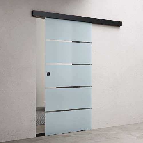 doporro Glasschiebetür Komplettset Softclose 90x215cm Milchglas-Streifen | 25mm Wandabstand | Schiebetür mit 8mm ESG-Sicherheitsglas | Zimmertür Glas mit Schwarz Muschelgriff | Amalfi-plus 11H