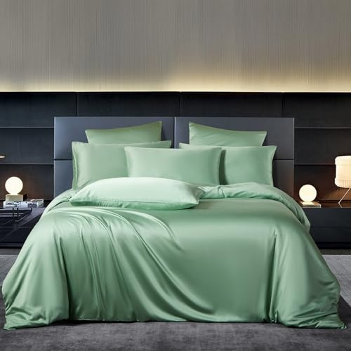 YASMENG Bambus Bettwäsche 220x240 Grün Uni Einfarbig 50% Bambus Lyocell Bettwäsche Kühlend Weich Atmungsaktiv Luxus Seidig Seide Bettbezug Set 3 Teilig mit Reißverschluss und 2 Kissenbezüge 80x80 cm