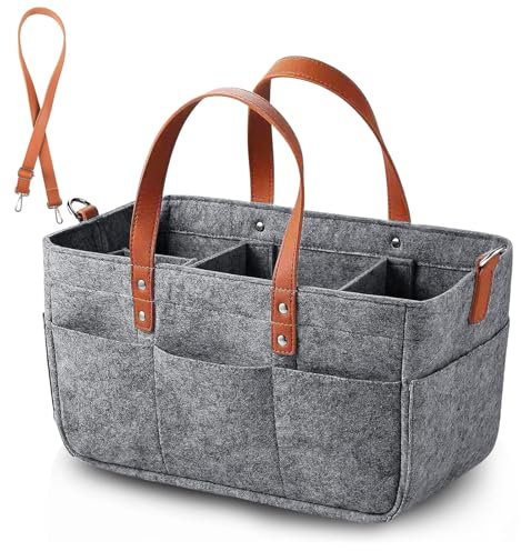 Anhow 16L Filztasche Einkaufstasche mit Fächern, Filztasche Einkaufskorb Shopper für Outdoor Trips, Picknick, Einkaufen, Aufbewahrung - Dunkelgrau/ 38x23x18 cm