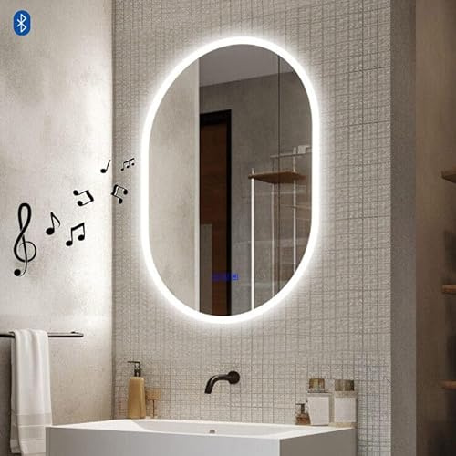Finmrys Badspiegel mit Beleuchtung Oval 60x90 cm mit Bluetooth-Lautsprecher und Touch-Schalter Beschlagfrei Badezimmerspiegel LED Dimmbar Kaltweiß Warmweiß（23.62x35.43 Inch）