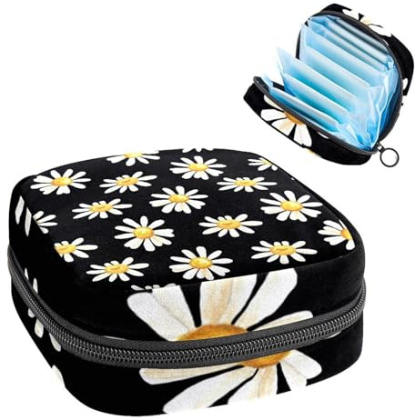 Aufbewahrungstasche für Damenbinden, Menstruationstasse, Tamponbeutel, Periodeneinlagen-Halter, Organizer für Frauen und Mädchen, kleine Gänseblümchen, schwarzer Hintergrund