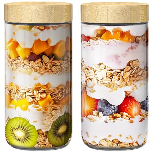 Haferbehälter mit Bambusdeckel, Glasdosen mit luftdichtem Deckel für Mahlzeiten, Weithals, Salatgläser, Glasbehälter für Joghurt, Chia, Snacks, Gewürze, Zucker, 2 Stück