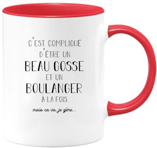 quotedazur Café-Croissant - Mug Personnalisé Tasse Cadeau Noël Compliqué D'Être Un Beau Gosse Et Un Boulanger À La Fois Mais Ça Va Je Gère - Rouge/Céramique