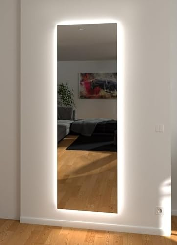 Ganzkörperspiegel mit umlaufender Ambientebeleuchtung – Wunschmaß wählbar (Breite bis 100 cm, Höhe bis 200 cm), verschiedene Lichtfarben | 6 mm Kristallglas | Modernes Design für Zuhause & Gewerbe