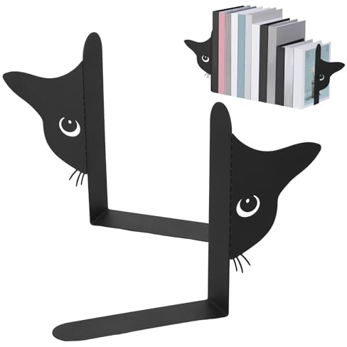 harupink Buchstütze aus Metall,2 Stück Kreativität Katze Bücherstütze 15×4×18 cm（Katzenkopf Breite8.3cm） Buchstützen Metall für Schule, Büro und Zuhause,Schwarz(Halbes Gesicht) | Lustige und Praktischer, Stabiler Bücherhalter für Regal, Schreibtisch, Büro, Bücherstützen