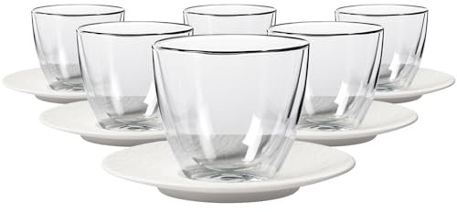 Villeroy & Boch Manufacture Rock Café au Lait Lot de 12 gobelets à double paroi 250 ml avec soucoupes Ø 17 cm Verre thermique résistant à la chaleur Verre borosilicate/porcelaine de qualité supérieure