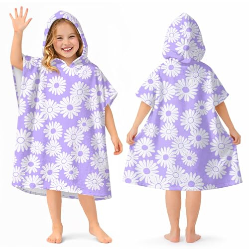 Gooddooes Kids Hooded Beach Towels Wrap for 4-12 Years,Cute Daisy Theme Girls Swim Cover Up for Bathroom，27x33 Quick Dry Purple Bath Towel Poncho,Perfect for Travel Vacation,Pool Party,Swimming