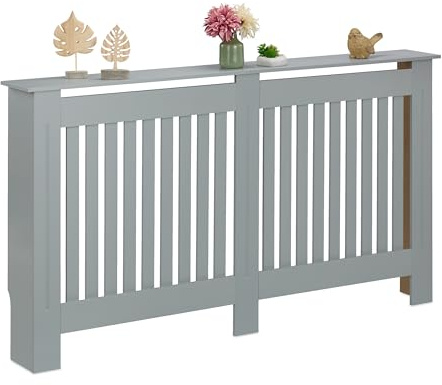 Relaxdays Heizkörperverkleidung Landhausstil, HBT 83x152x19 cm, für alte Heizkörper, Heizungsabdeckung Regal, MDF, grau