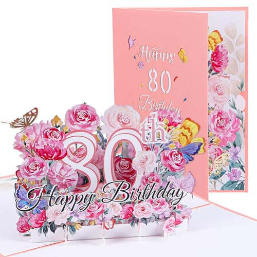 Nogeqi 3D pop-up födelsedagskort för 80-årsdagen. Födelsedag, blomdesign kort födelsedag kvinna flicka, immortal blomma kort med Happy Birthday-bokstäver för mödrar, familj (18 x 13 cm)