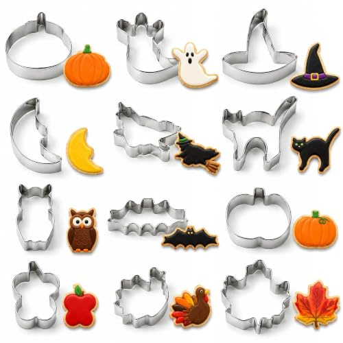 12 Stück Halloween Mini Edelstahl Keksausstecher: Kürbis, Geist | Für Kekse, Fondant, Teig, Sandwiches und saisonale Backprojekte