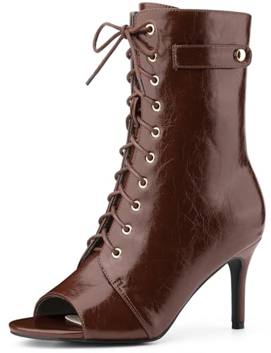 Allegra K Women's Lace Up Peep Toe Stiletto Heel Ankle Boots Brown 6 UK/Label Size 8 US