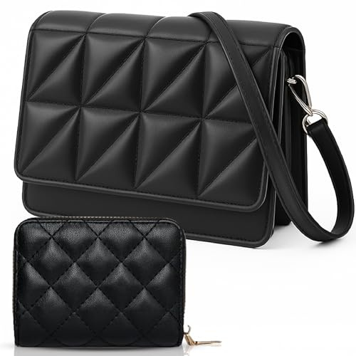 sea tear – Bolso mujer bandolera pequeño negro elegante – Bolso acolchado con monedero, material vegano PU impermeable, cierre magnético, correa ajustable 70-130 cm, ideal para uso diario o regalo
