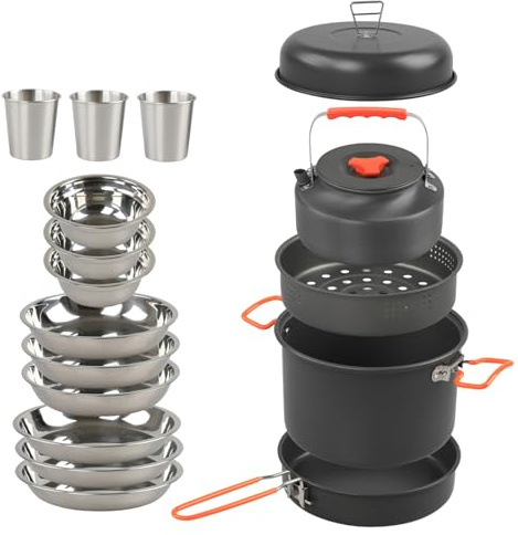 Genérico Set di utensili da campeggio - Kit cucina campeggio, set pentole zaino | batteria leggera outdoor, set di padelle da trekking, attrezzatura compatta escursionismo, stoviglie portatili, camper
