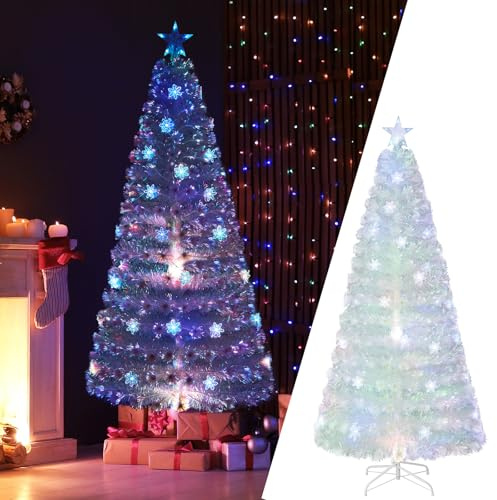 COSTWAY 210 cm Weihnachtsbaum Künstlich mit Beleuchtung, Tannenbaum mit bunten LED-Lichtern & Glasfaser & Sternspitze, Christbaum für Zuhause Büro Geschäfte Hotels, Weiß
