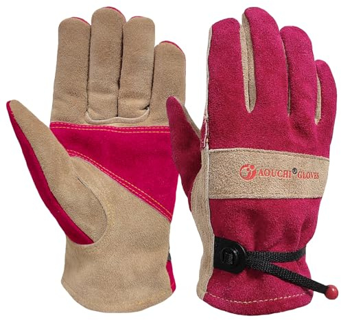 AOUCHI Guantes de cuero para mujer para jardinería, trabajo, piel de vacuno, guantes a prueba de espinas, guantes de sudor con forro de algodón para deshierbar, podar, trabajos de corte (rosa rosa, XS