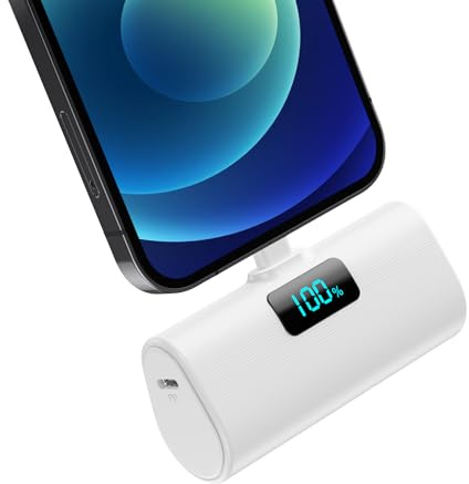 Batterie Externe pour iPhone, 5200mAh Mini Power Bank 20W PD Charge Rapide Chargeur Externe avec Écran LCD, Ultra-Compact&Légère Batterie Portable Compatible avec iPohone 14/13/12/11/XR/X/8/SE(Blanc)