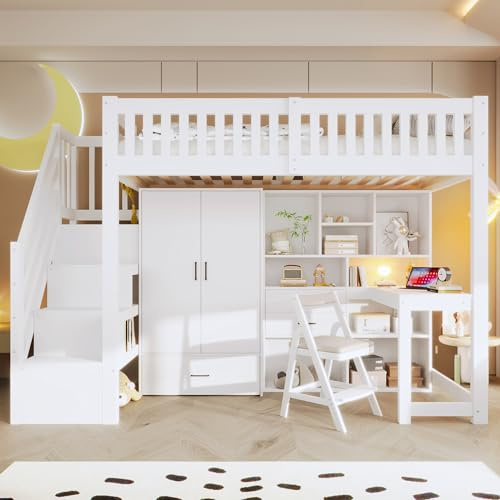 KecDuey Cama alta de 90 x 200 cm, de madera, con escalera, armario, escritorio, cama juvenil con cajones, compartimentos de almacenamiento, sin colchón