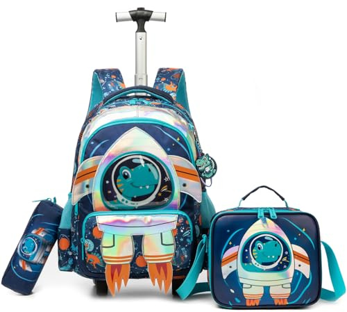 Egchescebo Kinder Rucksack mit Rollen für Jungen die Schule Mehrere Fächer Weltraum Koffer Schultrolley Komplett mit Lunchbag Federmäppchen Set Geeignet Grundschüler Jugendliche 4-10 Jahre Alt Blau