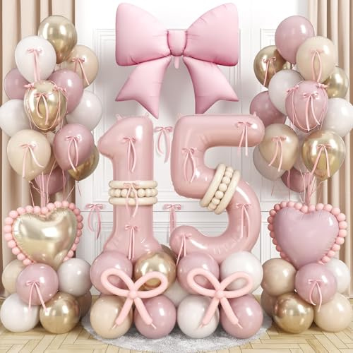 Globos Cumpleaños 15 Año Niña,60 Piezas 15 Años Decoracion Cumpleaños,Globos Lazo Grandes,Kit Arco Globos Rosa Retro,Globos en Forma de Corazón Adecuado para Primeros Cumpleaños y Baby Showers