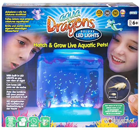 Aqua Dragons schlüpfen und wachsen lebende Wassertiere, Unterwasserwelt-Lernspielzeug-Set, 400-ml-Tank, Deluxe-LED-Licht, funktioniert mit zwei AAA-Batterien, Spielzeug für Kinder ab 6 Jahren.