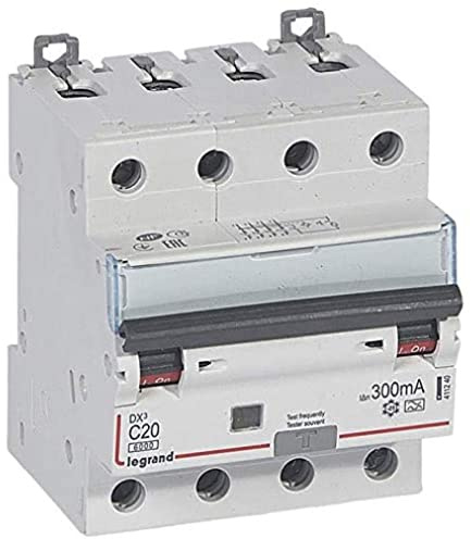 Legrand 411240 Disjoncteur différentiel monobloc DX³6000 10kA arrivée haute et départ bas à vis, 4P, 400V, 20A typeA, 300mA