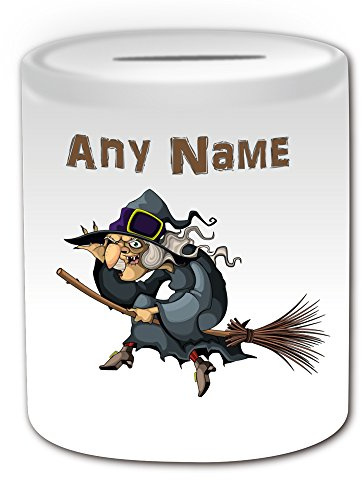 Personalisiertes Geschenk – Hexe auf Besen Spardose (Märchen Design Thema, weiß) – alle Nachricht/Name auf Ihre einzigartige
