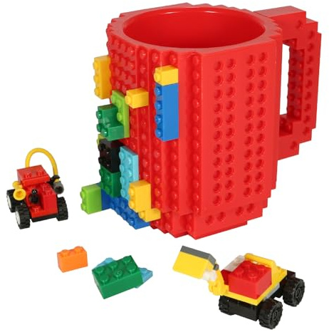 Lumsburry Build-on Bricks Tassen Becher, Spaß Kreative DIY Kaffeetasse | Bausteinen Trinken Tasse, für Männer, Frauen, Kinder, Papa,Mutter, Geschenkidee zum Austausch, Geburtstag(Rot)