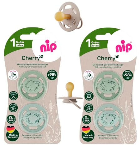 nip® Öko-Schnuller Schnuller CHERRY® Green Gr.1 ab Geburt, 4-pack boys, made in Germany